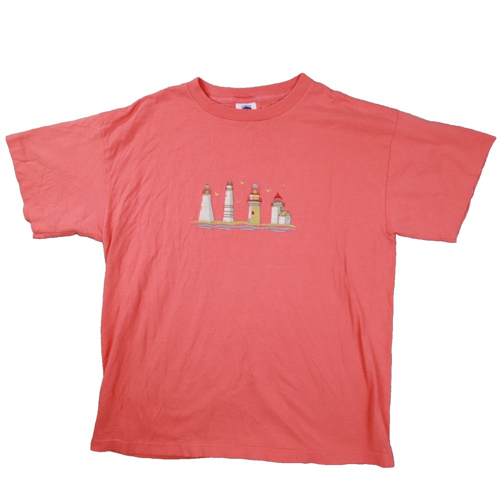 Vintage Lighthouse Single Stitch Graphic T Shirt Pink Orange USA Made Adult XL